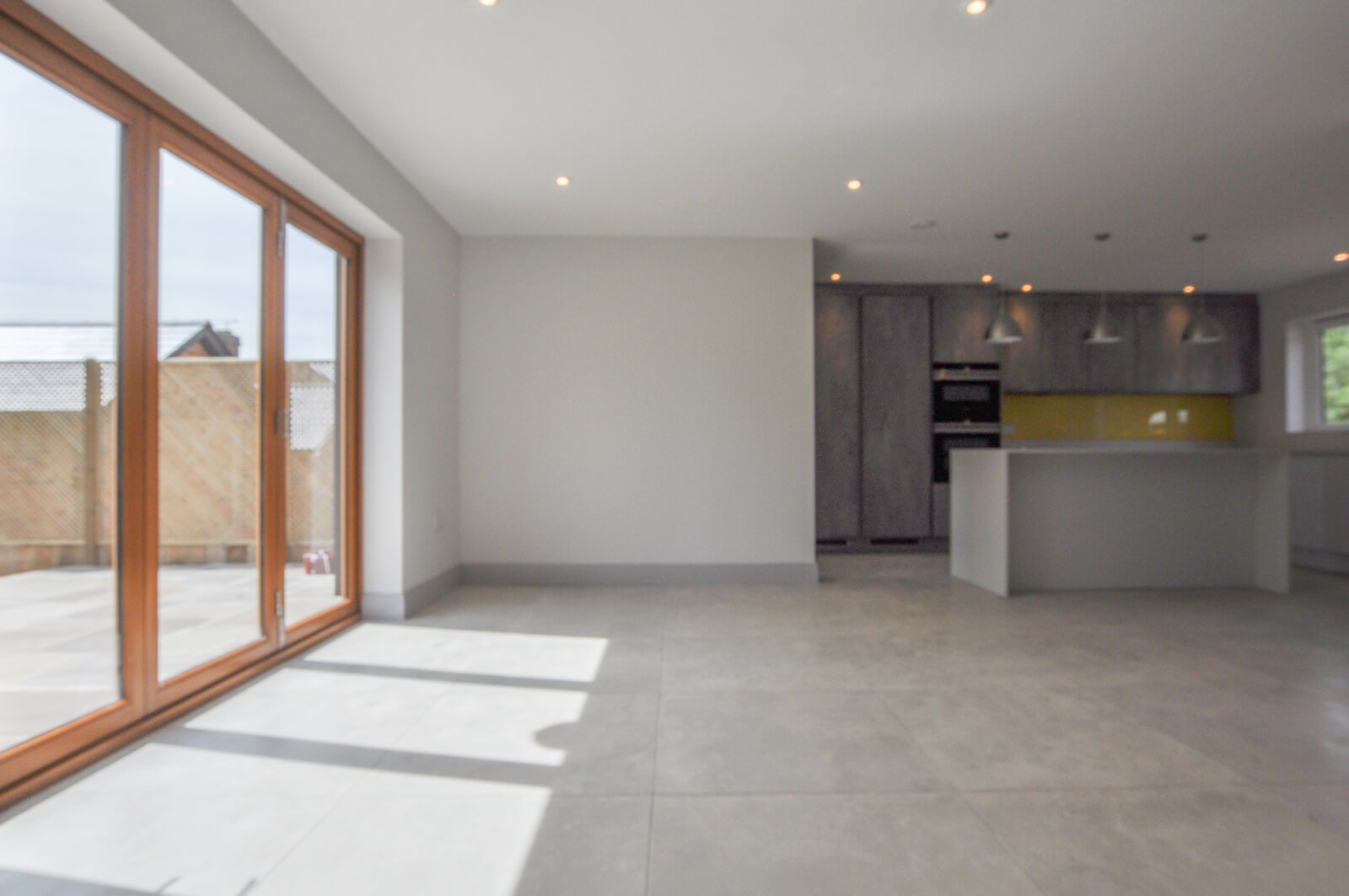 Interior view of living area and kitchen.